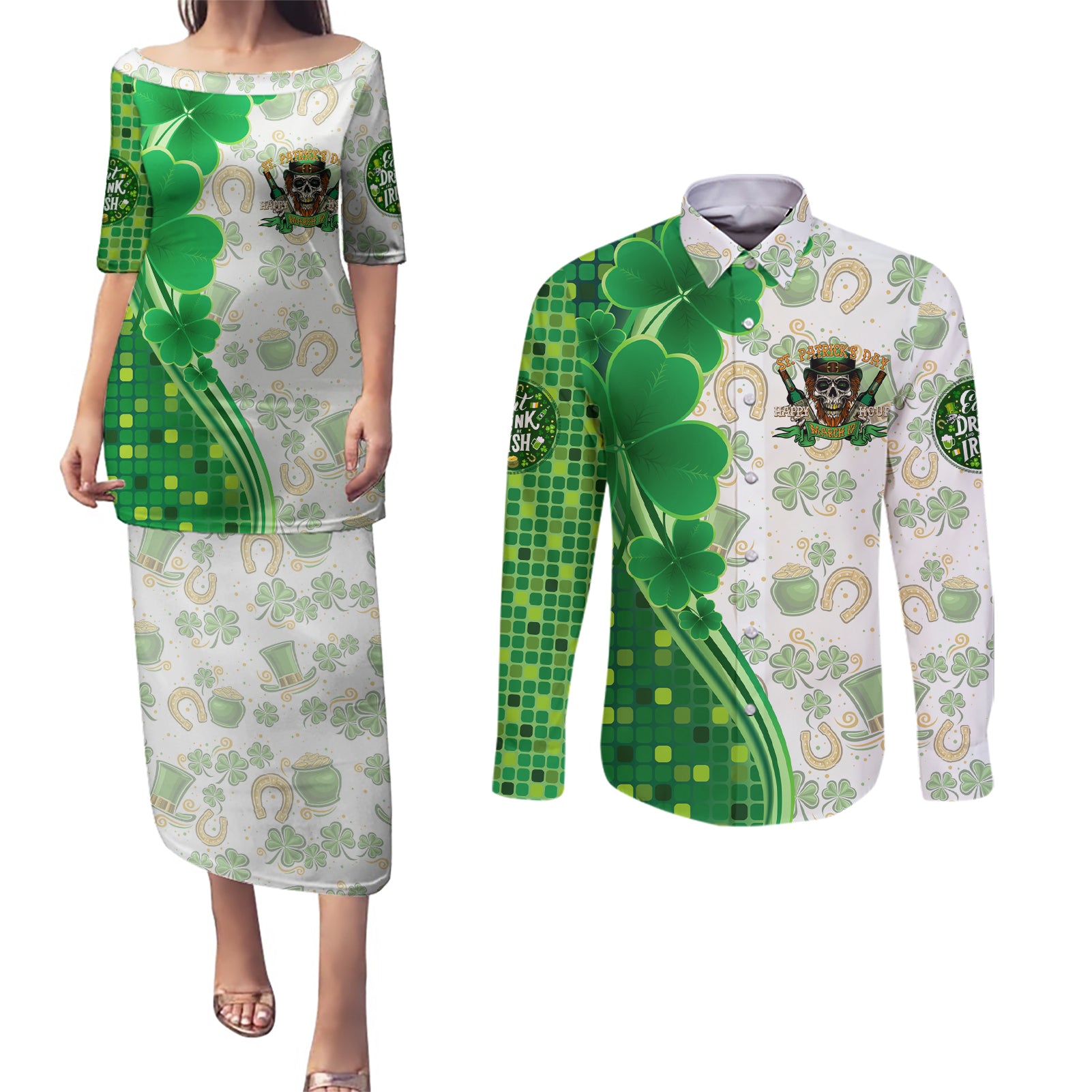 Happy St Patrick's Day Couples Matching Puletasi and Long Sleeve Button Shirt Eat Drink and Be Irish - Wonder Print Shop