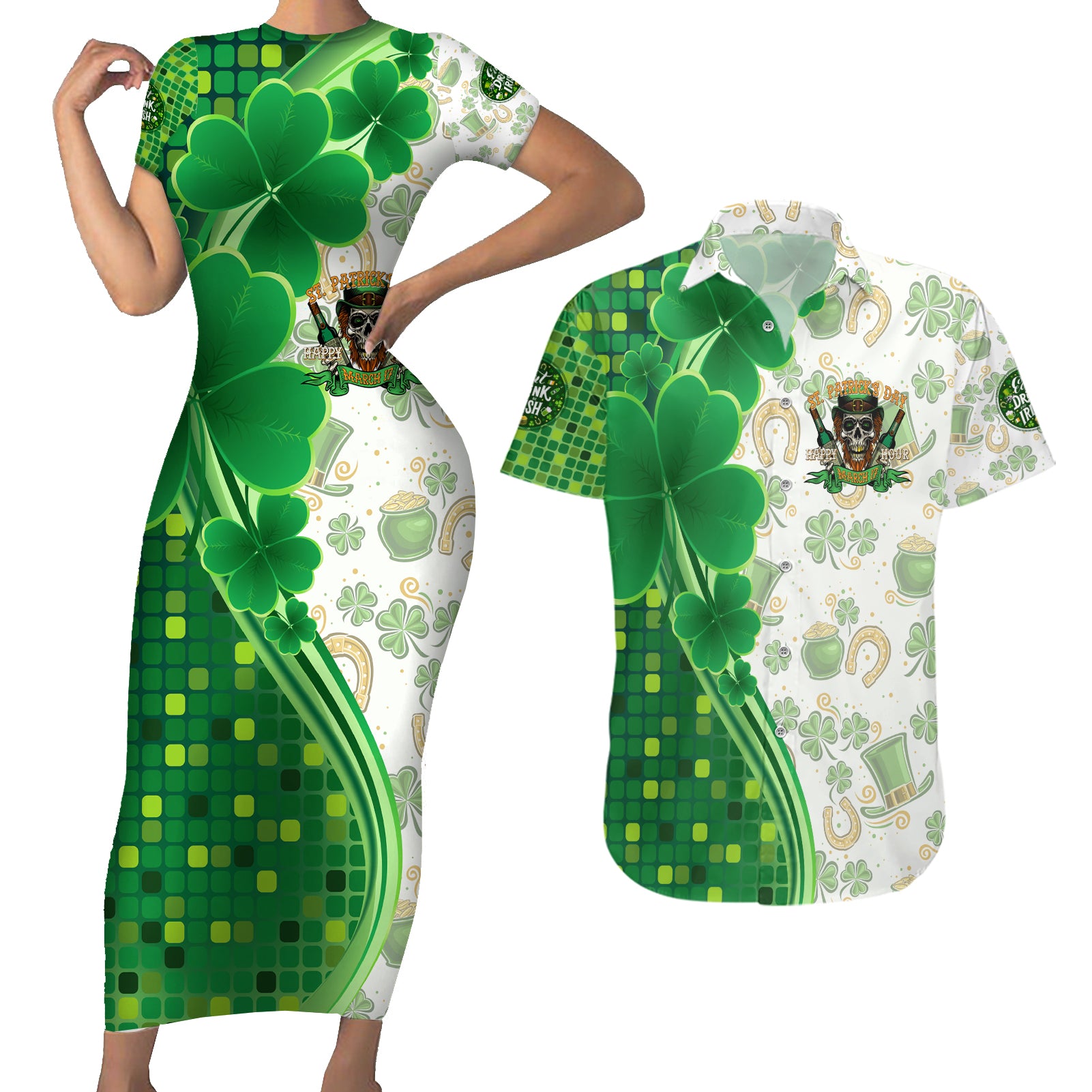 Happy St Patrick's Day Couples Matching Short Sleeve Bodycon Dress and Hawaiian Shirt Eat Drink and Be Irish - Wonder Print Shop