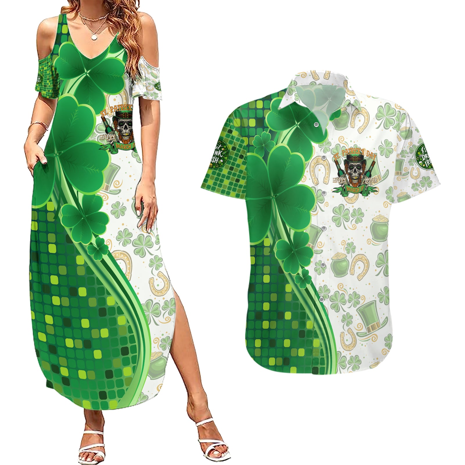 Happy St Patrick's Day Couples Matching Summer Maxi Dress and Hawaiian Shirt Eat Drink and Be Irish - Wonder Print Shop