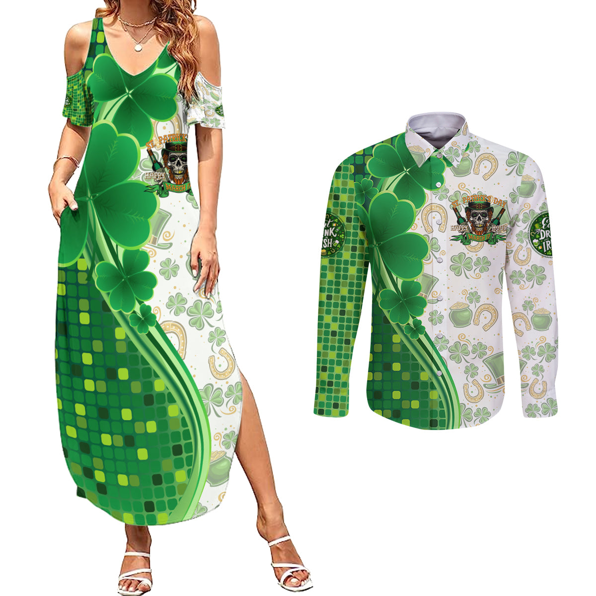 Happy St Patrick's Day Couples Matching Summer Maxi Dress and Long Sleeve Button Shirt Eat Drink and Be Irish - Wonder Print Shop