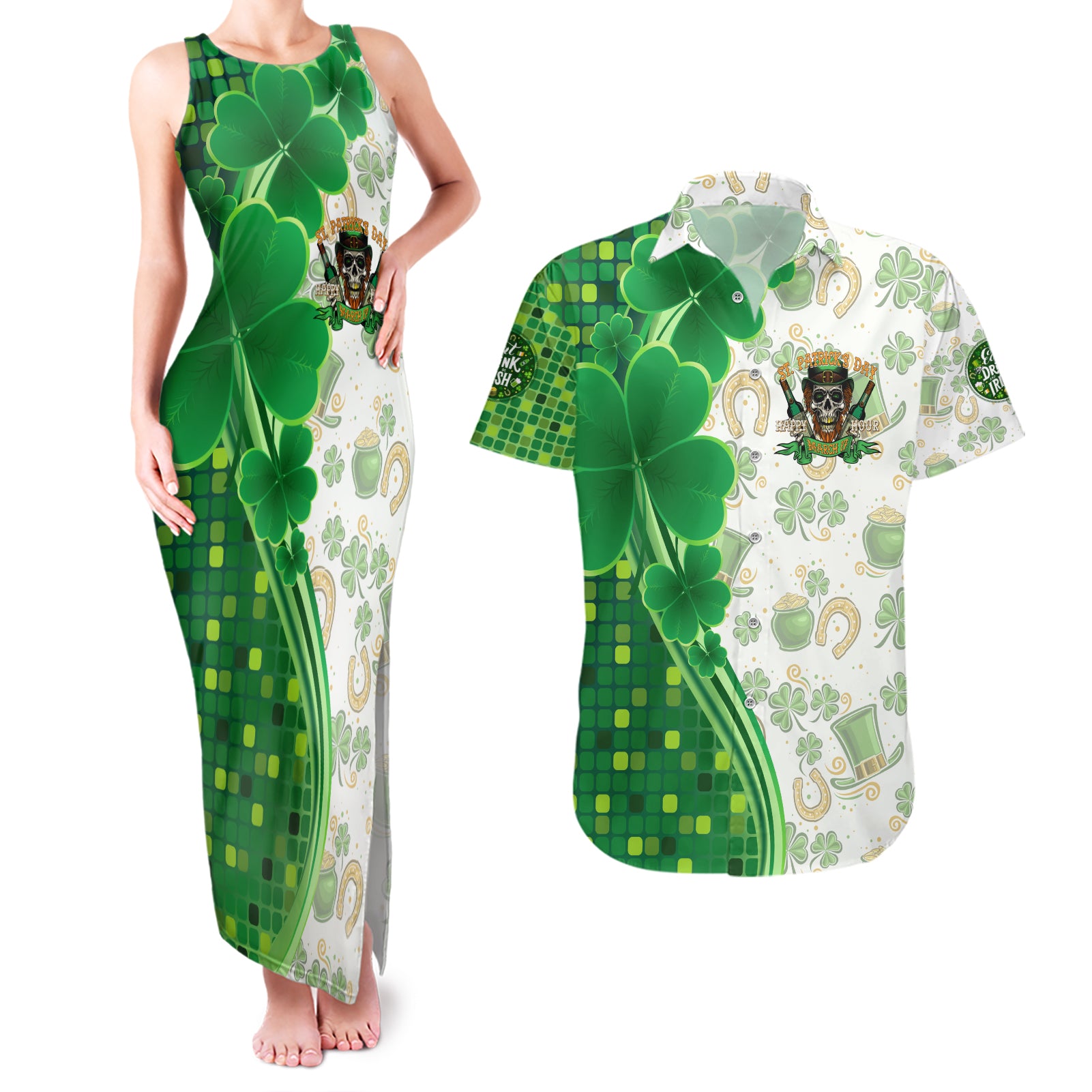 Happy St Patrick's Day Couples Matching Tank Maxi Dress and Hawaiian Shirt Eat Drink and Be Irish - Wonder Print Shop