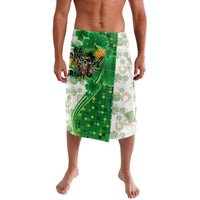 Green and white St. Patrick's Day graphic wrap skirt with shamrocks and horseshoes