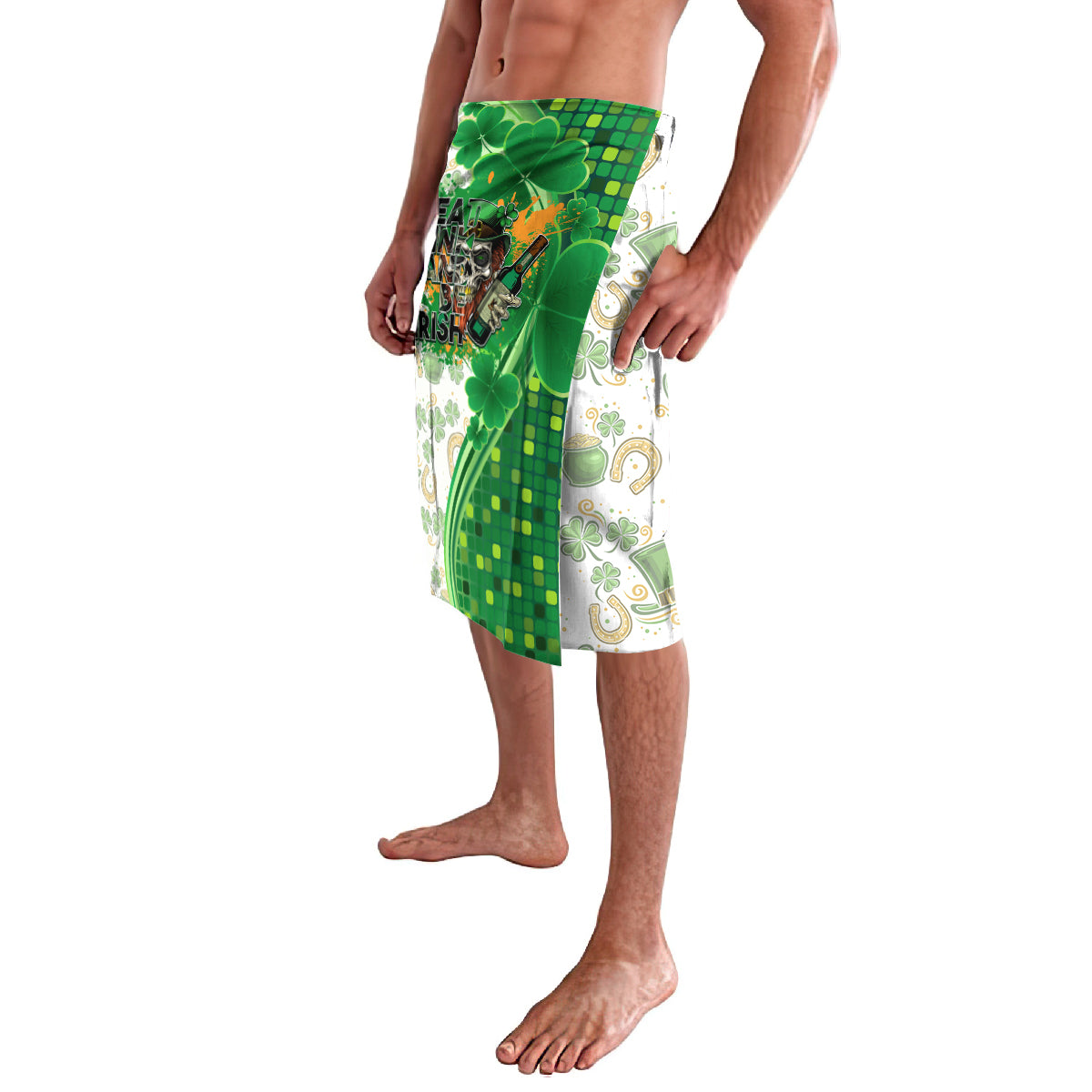 Green and white St. Patrick's Day wrap skirt, diagonal panel with clovers and horseshoes