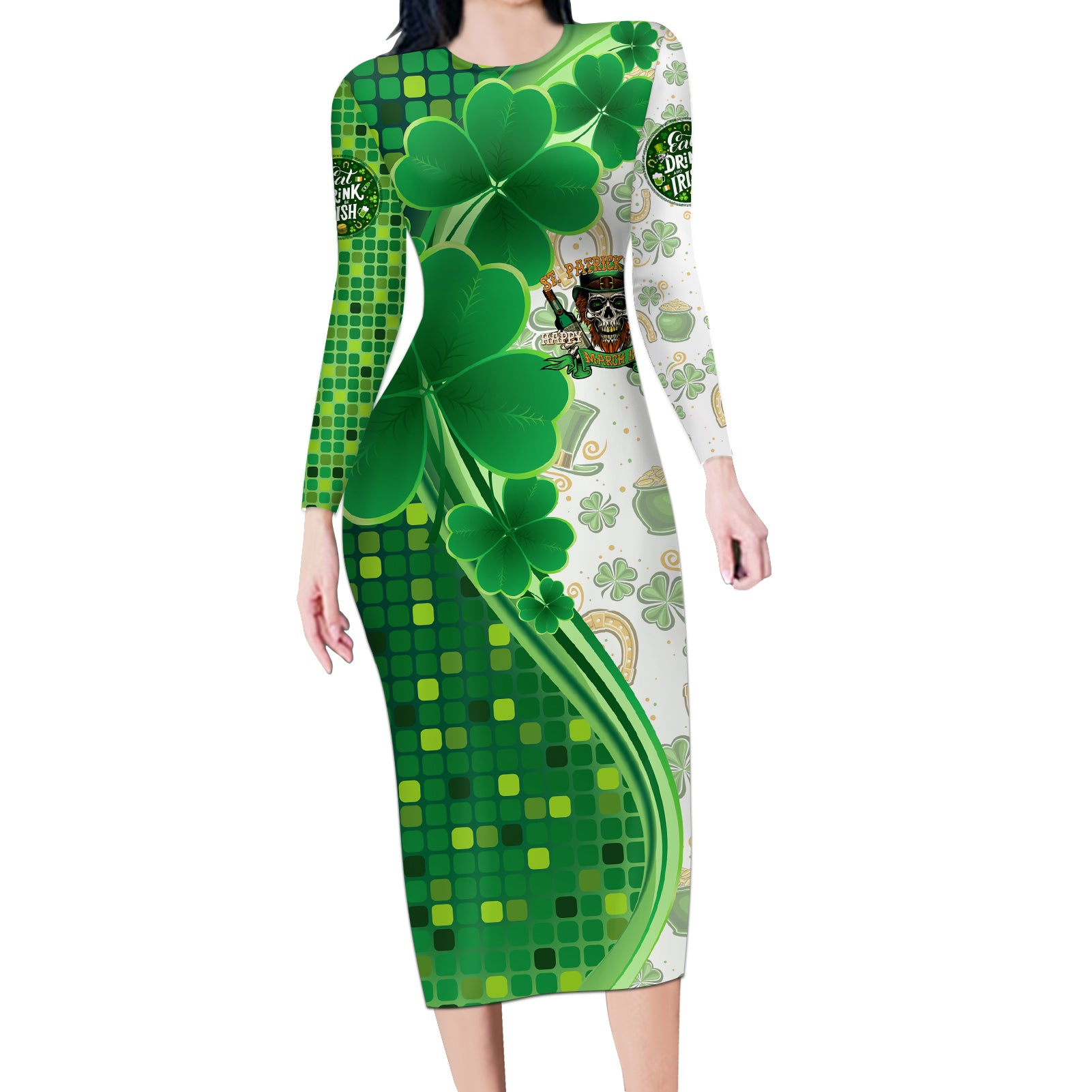 Happy St Patrick's Day Long Sleeve Bodycon Dress Eat Drink and Be Irish - Wonder Print Shop