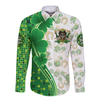 Unisex graphic long-sleeve button shirt, green and white with shamrocks pattern