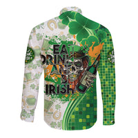 Unisex graphic long-sleeve button shirt, back text “Eat Drink and Be Irish” and shamrocks