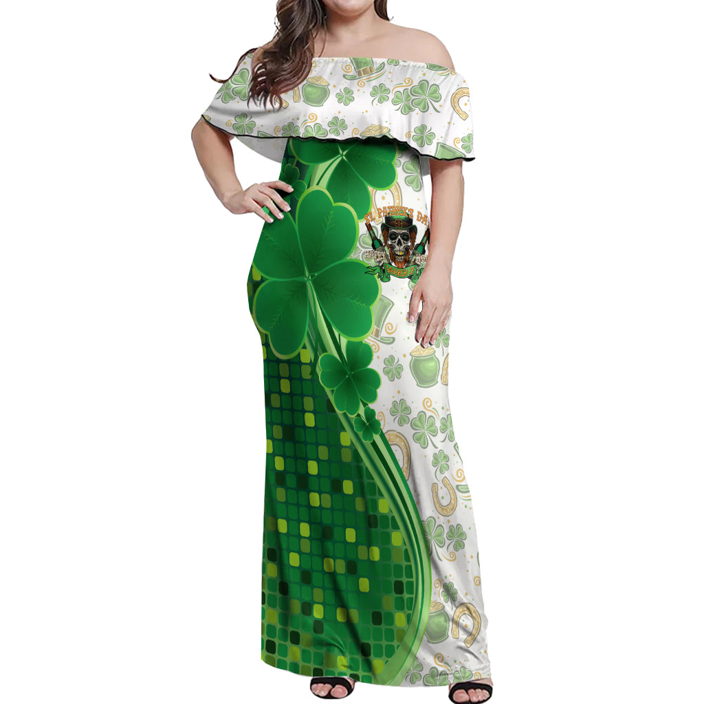 Happy St Patrick's Day Off Shoulder Maxi Dress Eat Drink and Be Irish - Wonder Print Shop