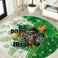 Round green St. Patrick's Day rug with 'EAT DRINK AND IRISH' and shamrock graphics