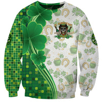 Unisex St. Patrick’s sweatshirt with green and white clover, horseshoe, and leprechaun graphic