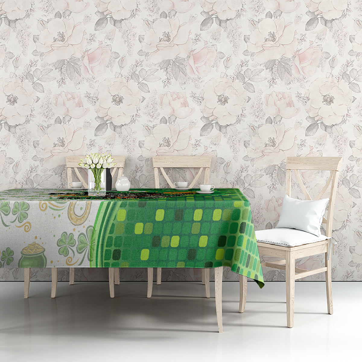 Green tablecloth with mosaic pattern and shamrock accents on dining set