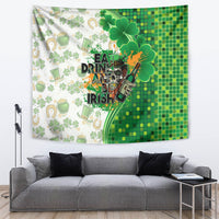 St. Patrick's Day tapestry in green with shamrocks, beer bottle graphic, and Irish text