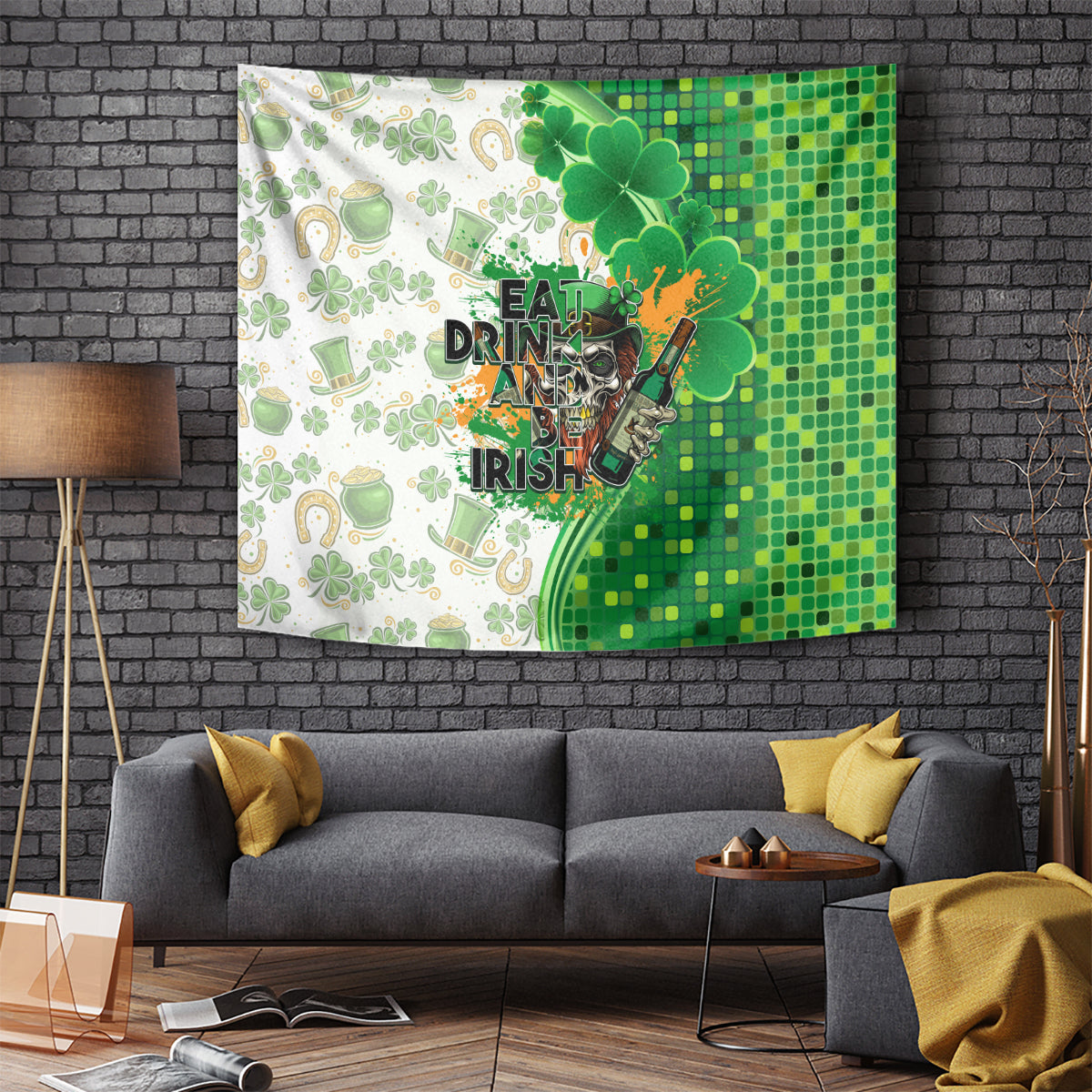 St. Patrick's Day tapestry in green with shamrocks, mosaic pattern, beer graphic, and Irish text