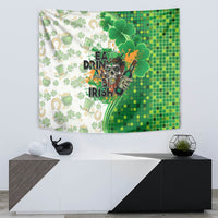 St. Patrick's Day tapestry in white and green with shamrocks, beer bottle, and Irish text