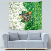 St. Patrick's Day tapestry in green with shamrocks, mosaic design, beer graphic, and Irish text