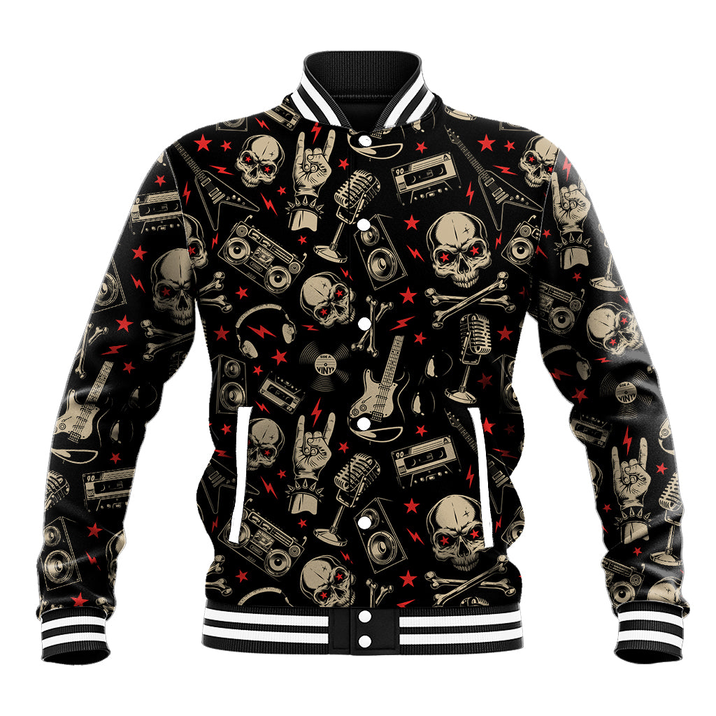 Black varsity baseball jacket with skull-and-instrument graphic, button front, striped cuffs