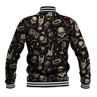 Black varsity baseball jacket with skull-and-instrument pattern, striped ribbed hem and cuffs