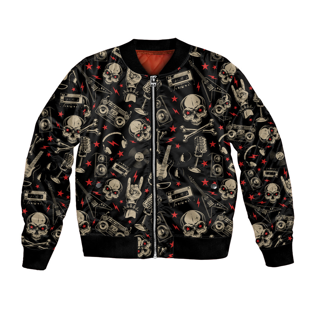 Black zip-front bomber jacket with red/gray skull, guitar, and star pattern