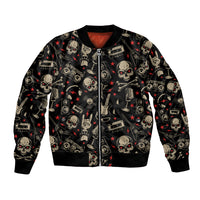 Black zip-front bomber jacket with red/gray skull, guitar, and star pattern