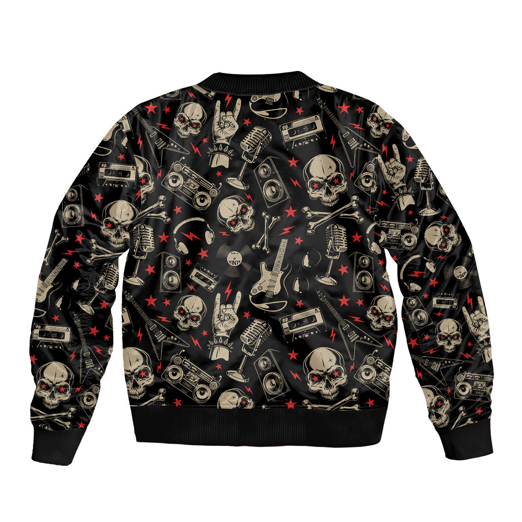 Black bomber jacket with all-over skull, guitar, and cassette graphic pattern