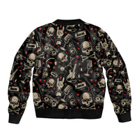 Black bomber jacket with all-over skull, guitar, and cassette graphic pattern
