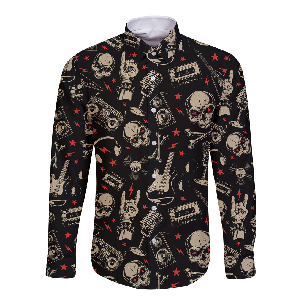 Rock And Roll Skull Pattern Design Long Sleeve Button Shirt - Wonder Print Shop