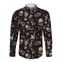 Black long-sleeve button shirt with skull and rock instrument pattern