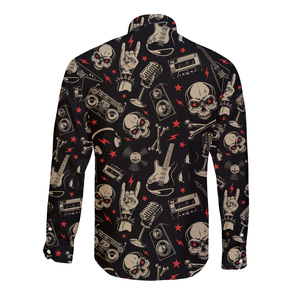 Black long-sleeve button shirt with all-over skull, guitar and cassette graphics