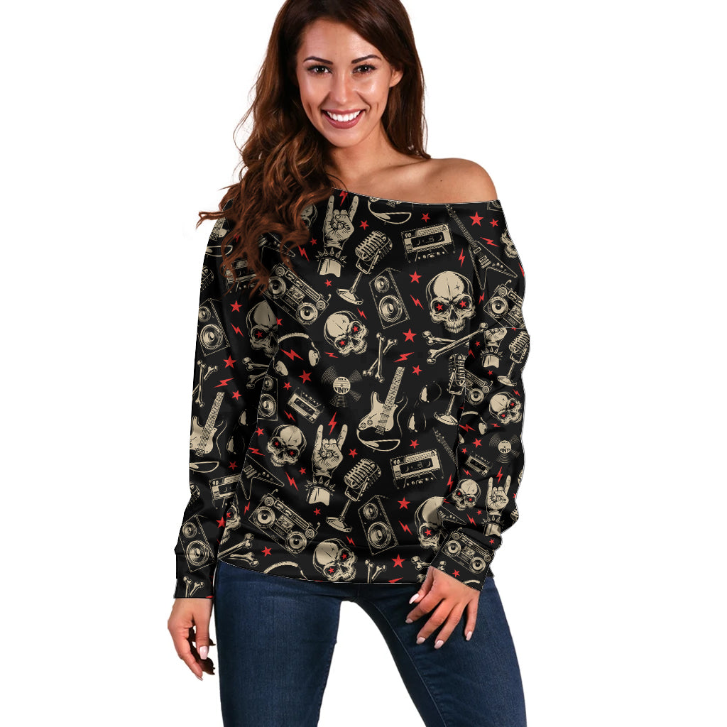 Rock And Roll Skull Pattern Design Off Shoulder Sweater - Wonder Print Shop