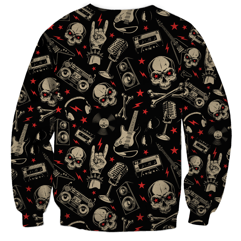 Black crewneck sweatshirt with all-over skull, guitar, boombox, and star graphic print