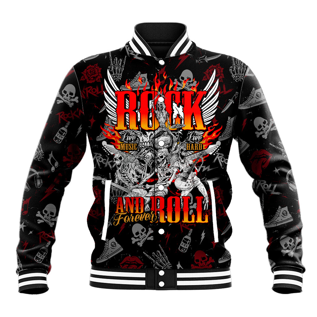 Black unisex baseball jacket with bold skull front graphic and striped ribbed cuffs