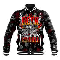 Black unisex baseball jacket with bold skull front graphic and striped ribbed cuffs