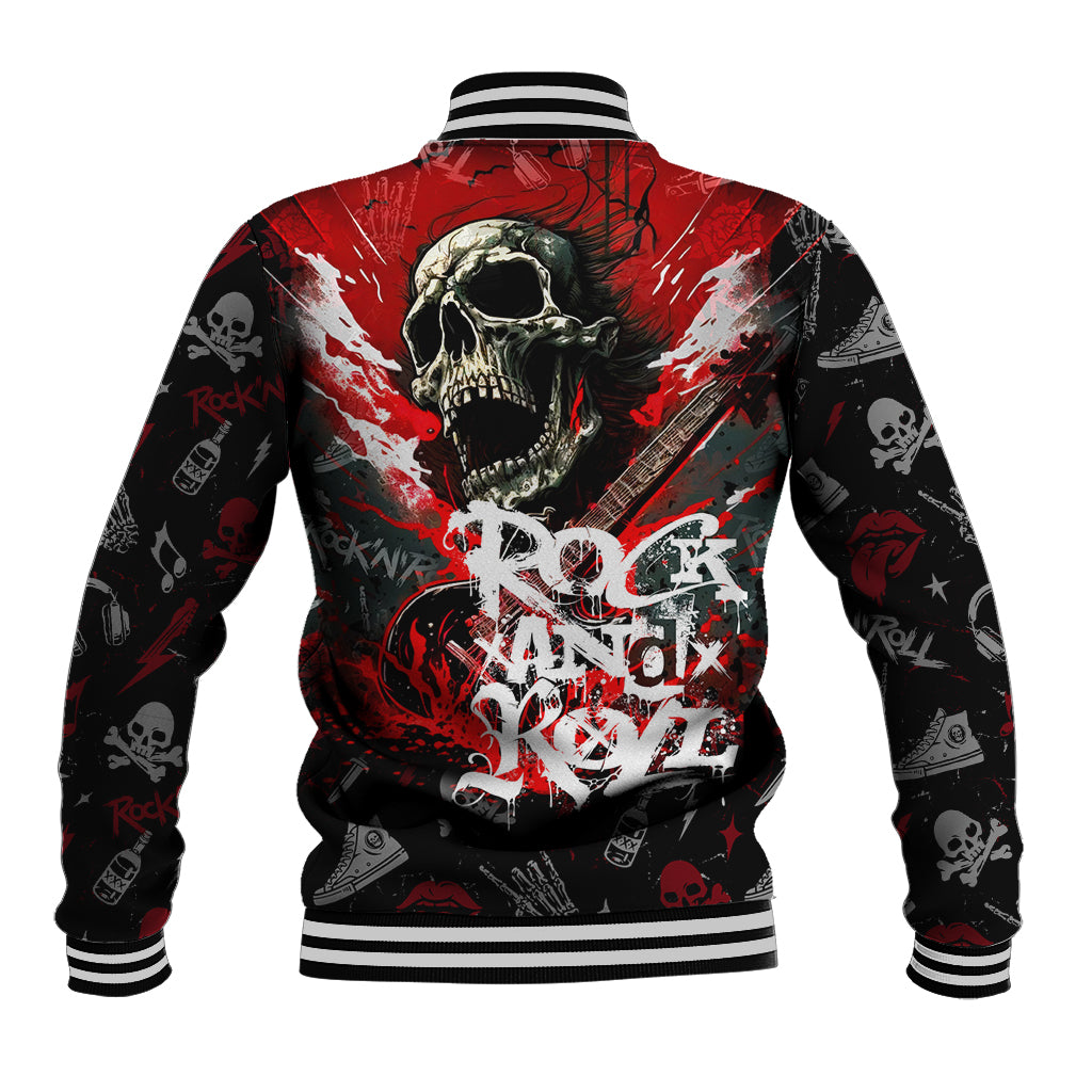Black unisex baseball jacket, back skull splash print, striped ribbed collar and hem