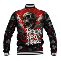 Black unisex baseball jacket, back skull splash print, striped ribbed collar and hem