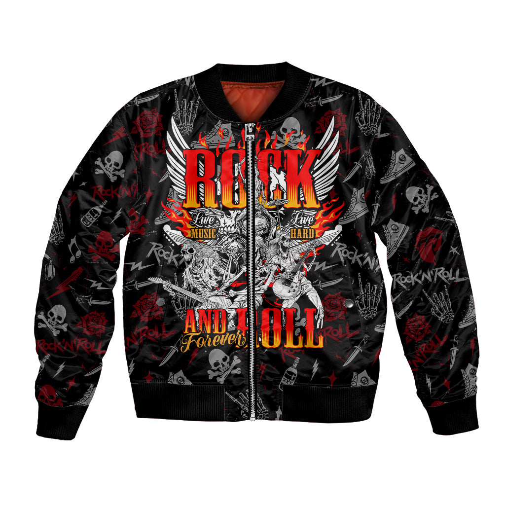 Black bomber jacket with front zipper and rock-themed skull graphic, red accents