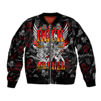 Black bomber jacket with front zipper and rock-themed skull graphic, red accents