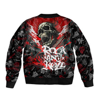 Black bomber jacket with back skull graphic and red lightning burst, ribbed cuffs