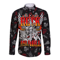 Black long-sleeve button shirt with large red-and-white skull graphic on front