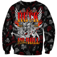 Black sweatshirt with large skull graphic, flames and guitar-themed print, long sleeves