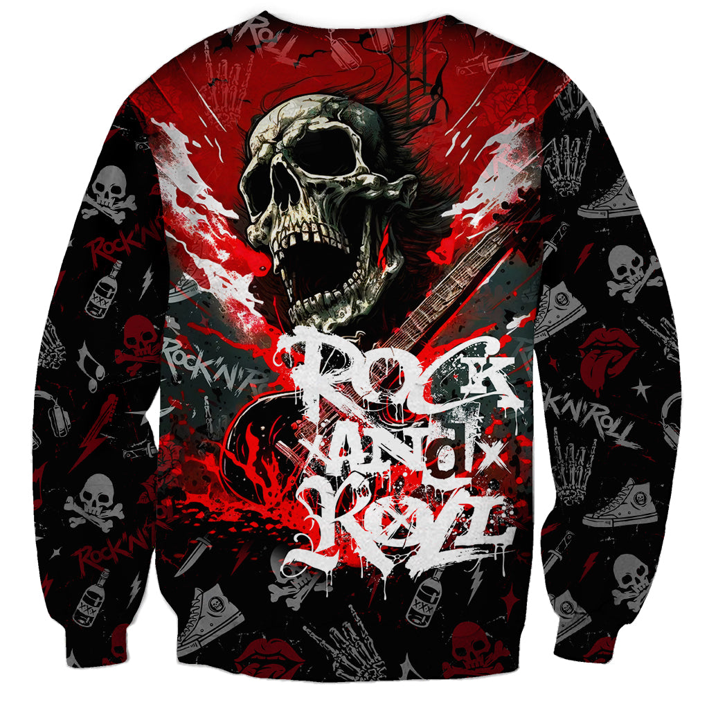 Black sweatshirt with red skull and guitar graphic, distressed band-style logo, long sleeves