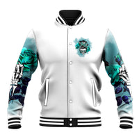 Unisex white baseball jacket with teal rose front graphic, snap buttons, ribbed cuffs