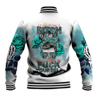 Unisex white baseball jacket with large teal-blue back print, striped collar and cuffs