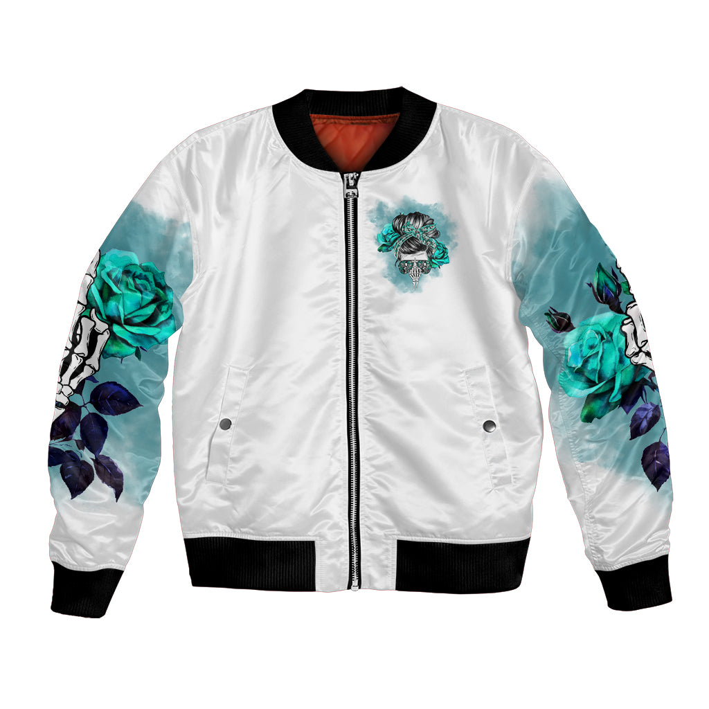 White unisex bomber jacket with teal rose sleeve print, front zipper, ribbed cuffs