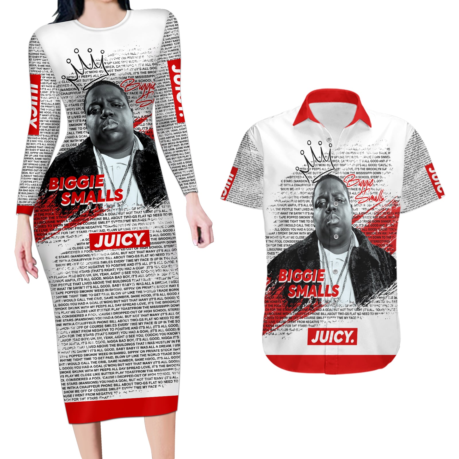 King of Rap: Biggie Smalls Legacy Couples Matching Long Sleeve Bodycon Dress and Hawaiian Shirt - Wonder Print Shop