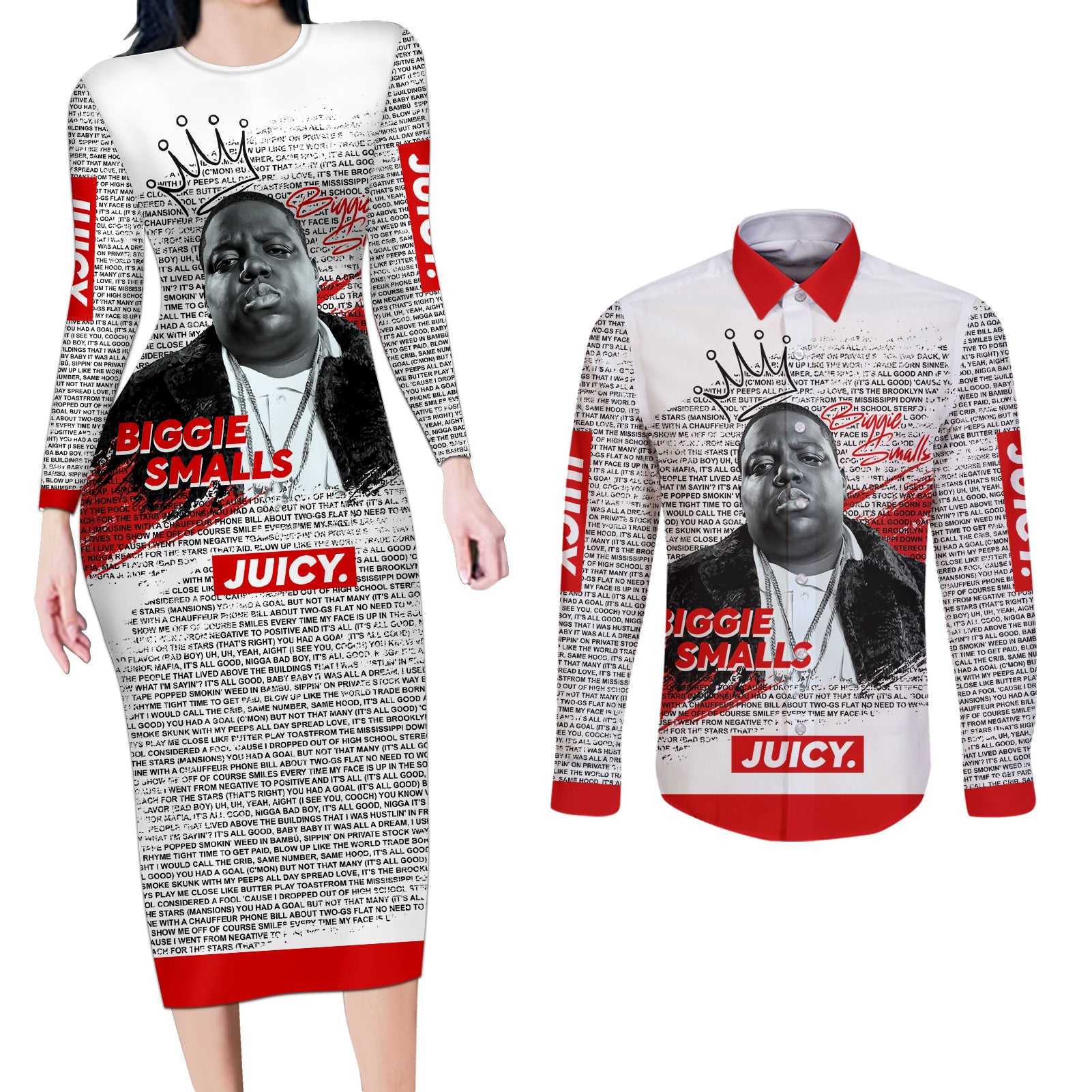 King of Rap: Biggie Smalls Legacy Couples Matching Long Sleeve Bodycon Dress and Long Sleeve Button Shirt - Wonder Print Shop