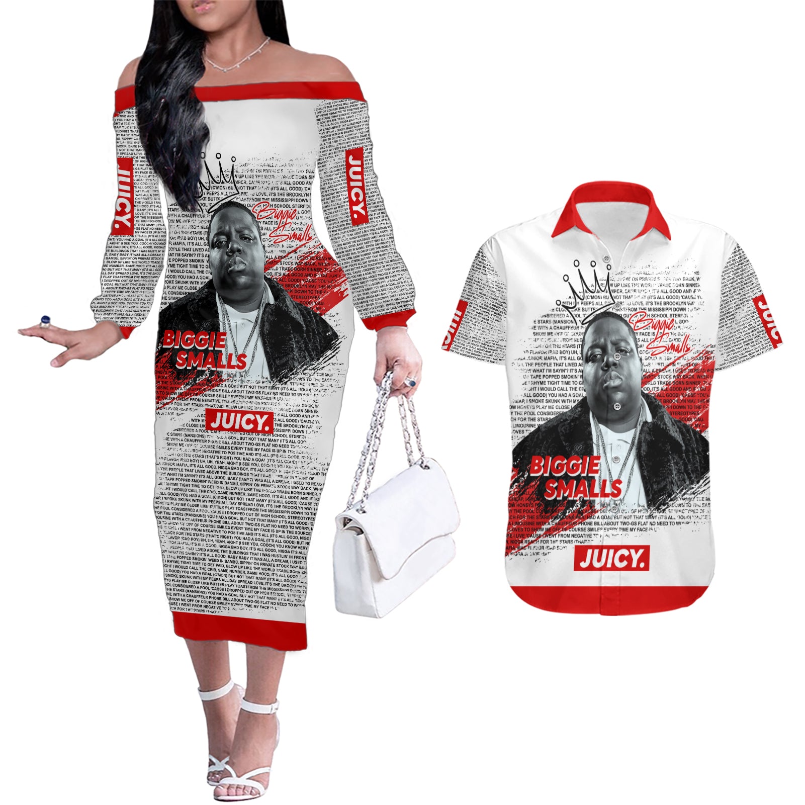 King of Rap: Biggie Smalls Legacy Couples Matching Off The Shoulder Long Sleeve Dress and Hawaiian Shirt - Wonder Print Shop