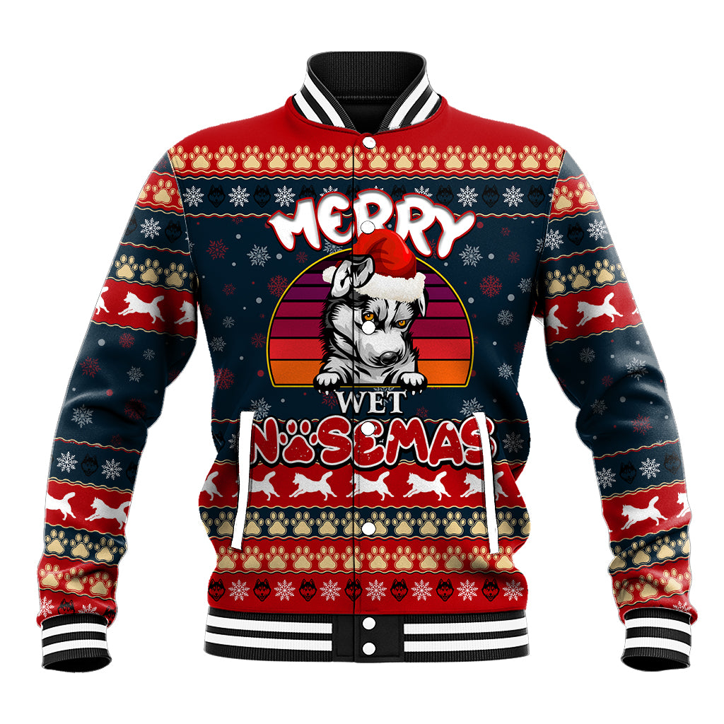 Unisex baseball jacket with husky graphic, 'MERRY WET NOSEMAS' front, striped cuffs