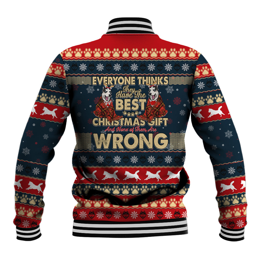 Unisex baseball jacket with back slogan 'EVERYONE THINKS ... WRONG' and holiday graphics