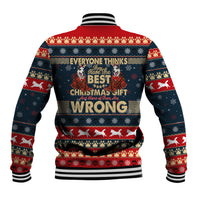 Unisex baseball jacket with back slogan 'EVERYONE THINKS ... WRONG' and holiday graphics