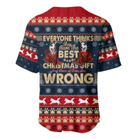 Festive baseball jersey back with quote text and red/blue holiday stripe pattern