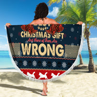 Round navy Christmas beach blanket with fringe, large “WRONG” text and husky silhouettes